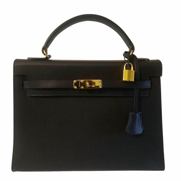 Vtg Black Epsom Leather Kelly Bag w/Clochette Lock Key & Strap GHW 32cm Italy - Picture 6 of 15